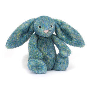 The  adorable Jellycat Bashful Luxe Bunny with Azure blue fur, with floppy ears, a sweet pink nose.