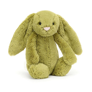 Jellycat Bashful Moss Bunny, with soft pistachio green fur and big floppy ears and a cute little pink nose.