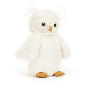 Ready for playtime adventures! The Jellycat Bashful Owl, with its floppy wings and luxuriously soft fur, is a guaranteed cuddle winner. (Angled view)