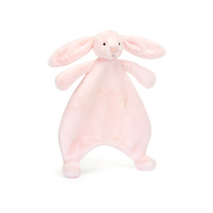 Jellycat Bashful Pink Bunny Comforter. Soft pink bunny comforter with floppy ear outstretched and hand ready for cuddling. Perfect for little hands.