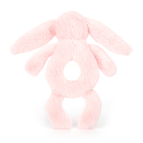 Jellycat Bashful Pink Bunny Ring Rattle backside. Soft pink bunny with a built-in rattle for shaking fun. Perfect for tiny hands. 