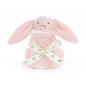 Cuddly comfort for little ones: Jellycat Bashful Pink Bunny Soother. Adorable pink soother set with a plush blanket with a Jellycat ribbon.