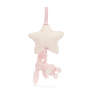 Jellycat Bashful Pink Bunny Musical Pull - Backside. Soft bunny bum with cute tail hangs from a cream star, ready to lull little ones to sleep with a lullaby.