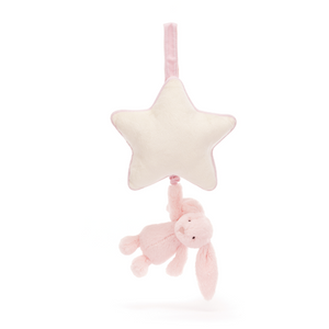  Soothing bedtime friend: Jellycat Bashful Pink Bunny Musical Pull. Adorable bunny in calming pink plush hangs from a cream star with lullaby function.