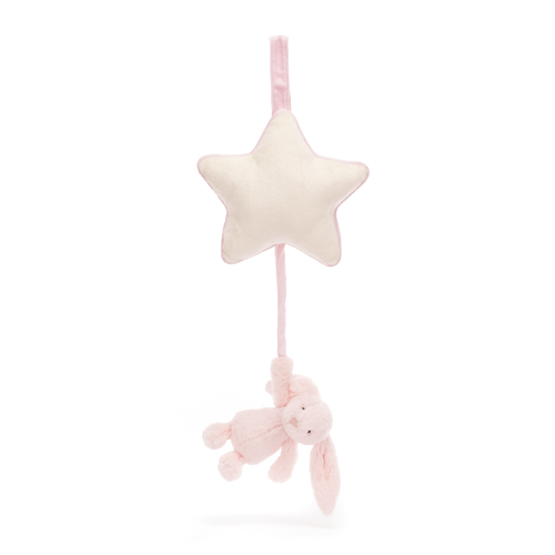 Sweet dreams with the Jellycat Bashful Pink Bunny Musical Pull! Soft pink bunny hangs from a cream star with piping, ready to play a calming lullaby.