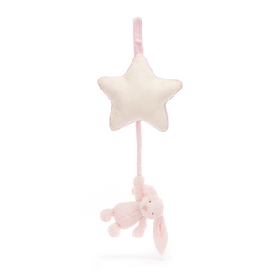 Sweet dreams with the Jellycat Bashful Pink Bunny Musical Pull! Soft pink bunny hangs from a cream star with piping, ready to play a calming lullaby.