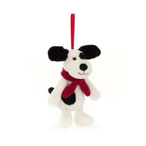 Jellycat Bashful Puppy Decoration, angled view, soft plush toy with cream fur, inky splashes, and red scarf.