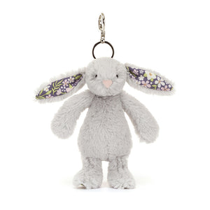 Front view of Jellycat Bashful Silver Bunny Bag Charm (2025), showcasing its soft silver fur and floppy ears.