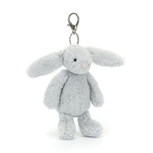 A slightly tilted view of the Jellycat Bashful Silver Bunny bag charm, showing its charming face, floppy ears, and adorable pose. The silver clip and keyring make it perfect for attaching to bags or keys.