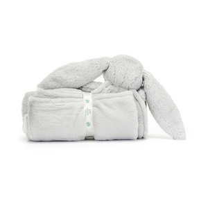 Backside view of the Jellycat Bashful Silver Bunny Blankie, emphasizing the long floppy ears of the bunny and the neatly rolled presentation tied with a Baby Jellycat grosgrain ribbon.
