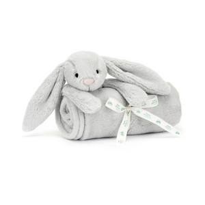 Jellycat Bashful Silver Bunny Blankie, emphasizing the long floppy ears of the bunny and the neatly rolled presentation tied with a Baby Jellycat grosgrain ribbon.