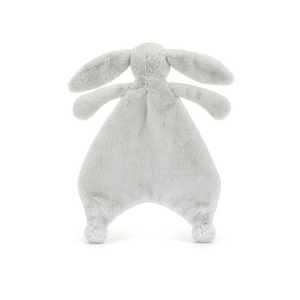 Backside view of the Jellycat Bashful Silver Bunny Comforter, emphasizing its long floppy ears, soft fur made from recycled materials, and bobble feet for added texture.