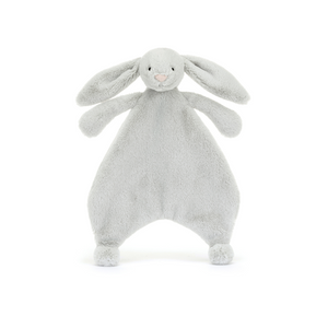 Adorable Jellycat Bashful Silver Bunny Comforter facing front, highlighting its sweet pink suedette nose, embroidered eyes, and cuddly design.