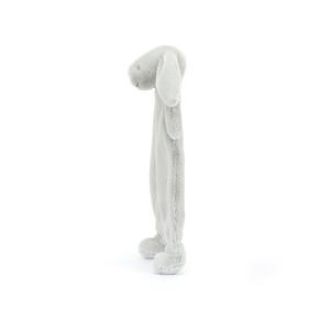 Side profile of the Jellycat Bashful Silver Bunny Comforter, the lightweight, unstuffed body perfect for little arms.