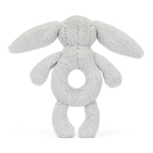 Backside view of the Jellycat Bashful Silver Bunny Ring Rattle, emphasizing its long floppy ears and soft, inviting texture, perfect for cuddling.