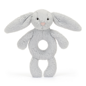 Adorable Jellycat Bashful Silver Bunny Ring Rattle facing front, highlighting its sweet pink suedette nose, embroidered eyes, and super soft recycled fur.