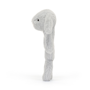 Side profile of the Jellycat Bashful Silver Bunny Ring Rattle, showing its full height.