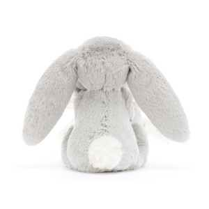 Backside view of the Jellycat Bashful Silver Bunny Soother, emphasizing its long floppy ears and white fluffy tail.