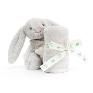 Jellycat Bashful Silver Bunny Soother, emphasizing its long floppy ears and neatly rolled presentation tied with a Baby Jellycat ribbon.