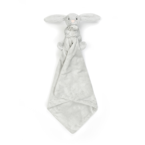 Adorable Jellycat Bashful Silver Bunny Soother facing front, highlighting its sweet pink suedette nose, stitched eyes, and super soft recycled fur holding a square soother