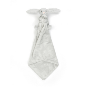 Adorable Jellycat Bashful Silver Bunny Soother facing front, highlighting its sweet pink suedette nose, stitched eyes, and super soft recycled fur holding a square soother