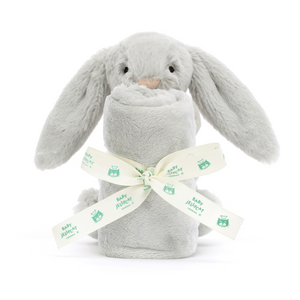 Jellycat Bashful Silver Bunny Soother, emphasizing its long floppy ears and neatly rolled presentation tied with a Baby Jellycat ribbon.
