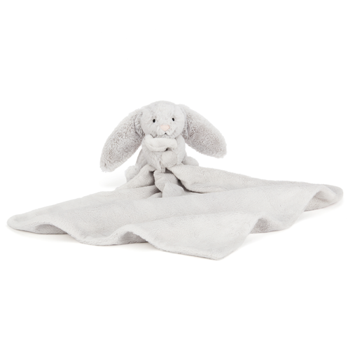 Adorable Jellycat Bashful Silver Bunny Soother facing front, highlighting its sweet pink suedette nose, stitched eyes, and super soft recycled fur holding a square soother.