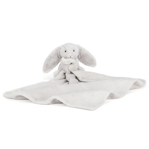 Adorable Jellycat Bashful Silver Bunny Soother facing front, highlighting its sweet pink suedette nose, stitched eyes, and super soft recycled fur holding a square soother.