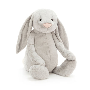 Front view of Jellycat Bashful Silver Bunny showing its soft silver fur, cuddly tummy, and floppy lop ears.