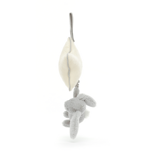 Side profile of the Jellycat Bashful Silver Bunny Musical Pull.