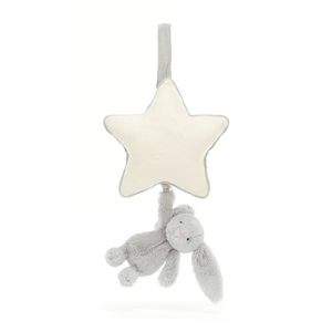 Jellycat Bashful Silver Bunny Musical Pull, showcasing its soft silver fur, long floppy ears, and detachable cream star-shaped musical pull with contrasting trim.
