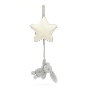 Adorable Jellycat Bashful Silver Bunny Musical Pull facing front, highlighting its sweet pink suedette nose, embroidered eyes, and star-shaped musical pull that has been extended to play the lullaby..