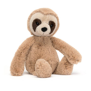 Children's soft toy from Jellycat the Bashful sloth is covered in soft brown fur and has long arms and legs.