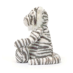 Ready to explore! Jellycat's Bashful Snow Tiger shows off its impressive stripes, soft fur, and cuddly form – ideal for imaginative journeys.