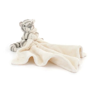Snuggle time made sweeter! Jellycat's Bashful Snow Tiger Soother boasts soft fur, playful stripes, and a cozy blanket - perfect for bedtime dreams.