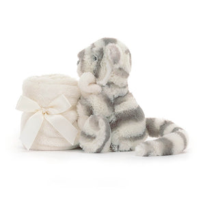 Cuteness overload! See the details of Jellycat's Bashful Snow Tiger Soother - big, friendly eyes, a soft blanket, and a gentle smile - ideal for soothing cuddles.