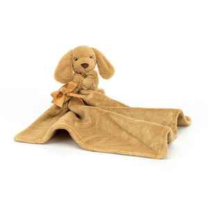 Double the comfort! The Jellycat Bashful Toffee Puppy Soother features a luxuriously soft soother and a cuddly puppy friend. (Blanket open view)