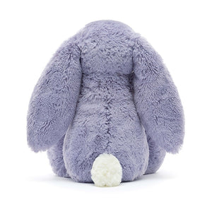 A rear view of Jellycat Bashful Viola Bunny showing a white fluffy tail.