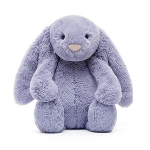 Jellycat Bashful Viola Bunny in lavender fur with big droopy ears and a sweet pink nose.