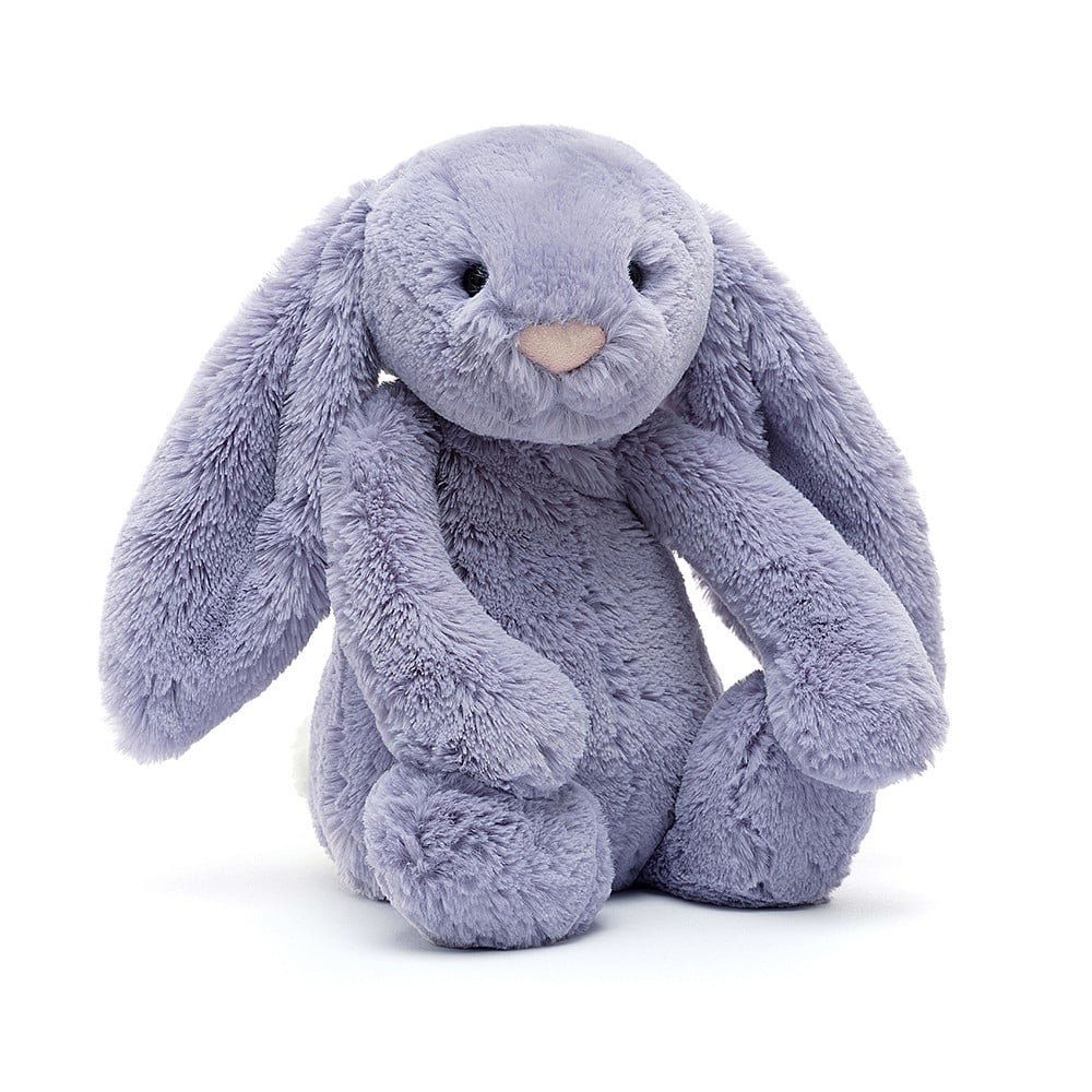 Jellycat Bashful Viola Bunny in lavender fur with big droopy ears and a sweet pink nose.