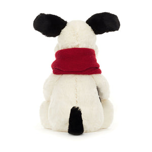 Back view of Jellycat Bashful Winter Puppy plush toy, showing the full length of his tail and the berry knit scarf.