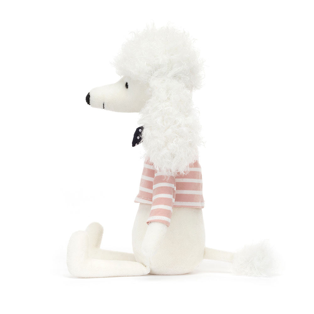 Side profile of Jellycat Beatnik Buddy Poodle, highlighting its chic design, fluffy ears, and striped jumper.