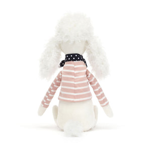 Back view of Jellycat Beatnik Buddy Poodle, showcasing its soft fur and playful striped jumper.