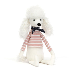 Jellycat Beatnik Buddy Poodle plush toy, featuring soft textured fur and a striped jumper, shown from the front.