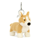 Bag Charm from Jellycat in the shape of a Corgi Dog with a hey chain attachment.