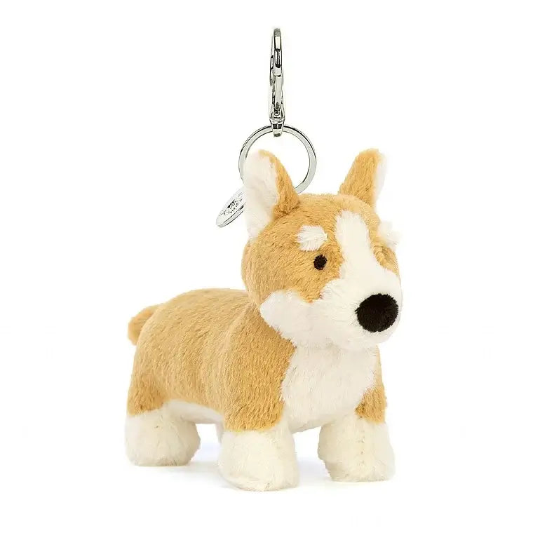 Bag Charm from Jellycat in the shape of a Corgi Dog with a hey chain attachment.