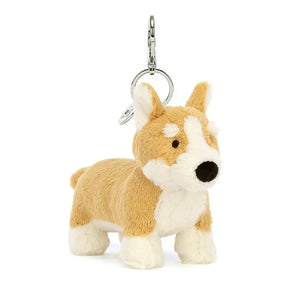Bag Charm from Jellycat in the shape of a Corgi Dog with a hey chain attachment.
