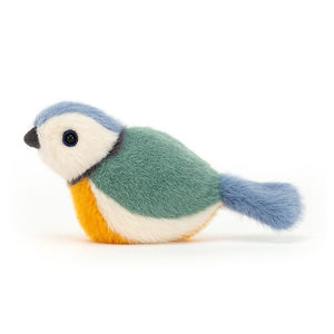 Jellycat Birdling Blue Tit plush toy, side view highlighting its plump form and soft wings.
