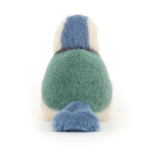 Rear view of a Jellycat Birdling Blue Tit, showcasing its blue tail feathers and fluffy back.