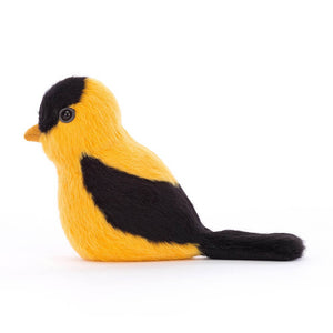 From the side Jellycat Birdling Goldfinch children's soft toy.